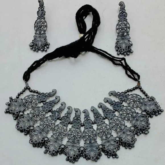 Oxidized Silver Jewelry Set  Indian Style Handmade Choker Necklace With Earrings - Picture 1 of 8